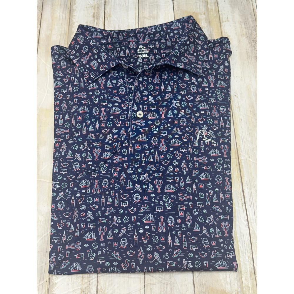 Rhoback "The Boston" Performance Polo Shirt Navy Blue Novelty Print Mens 3XL EUC